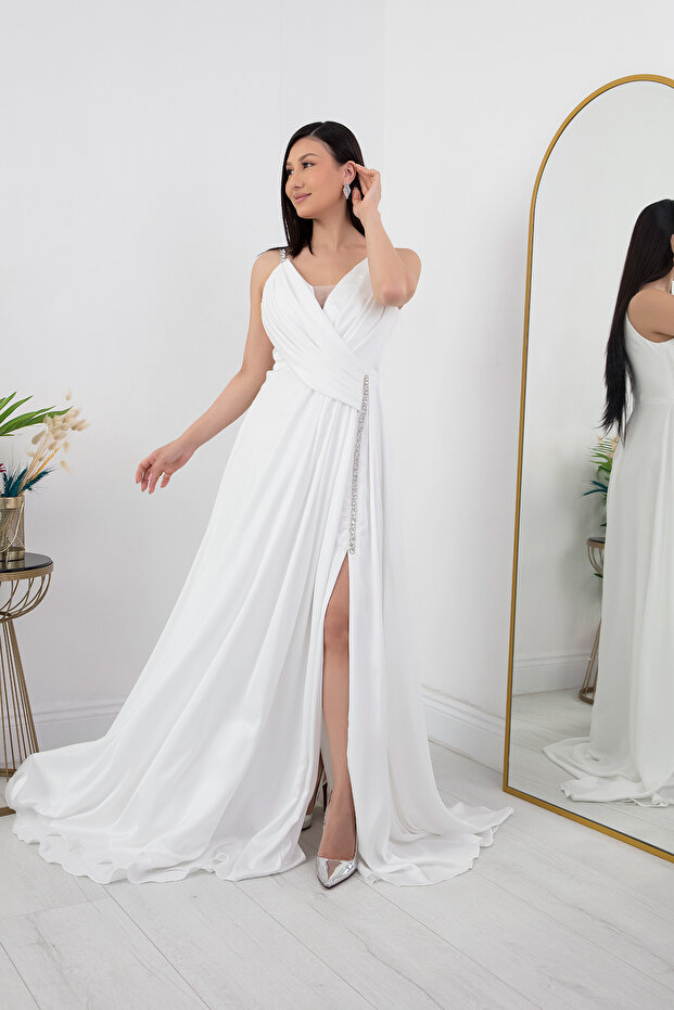 Simli Saten Askılı Abiye Elbise DMN4613 - 5