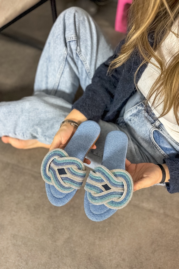 Blue Women's Slippers - Knot Stone Detailed