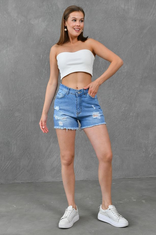 Kadın Yırtık Detaylı Yüksek Bel Likrasız Mavi Kot Şort Mavi Denim Şort 70344 - 3