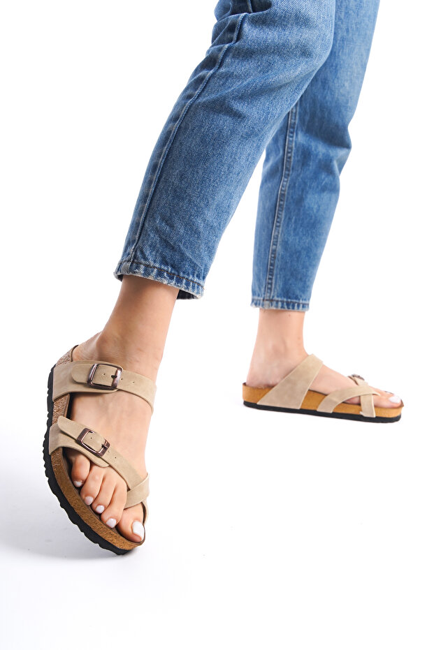 Women's Beige Nubuck Flip Flops Summer Slippers