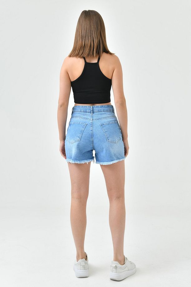 Kadın Yırtık Yüksek Bel Likrasız Mavi Kot Şort Yırtık Denim Şort 70344 - 4