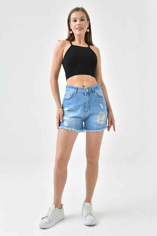 Kadın Yırtık Yüksek Bel Likrasız Mavi Kot Şort Yırtık Denim Şort 70344 - 5