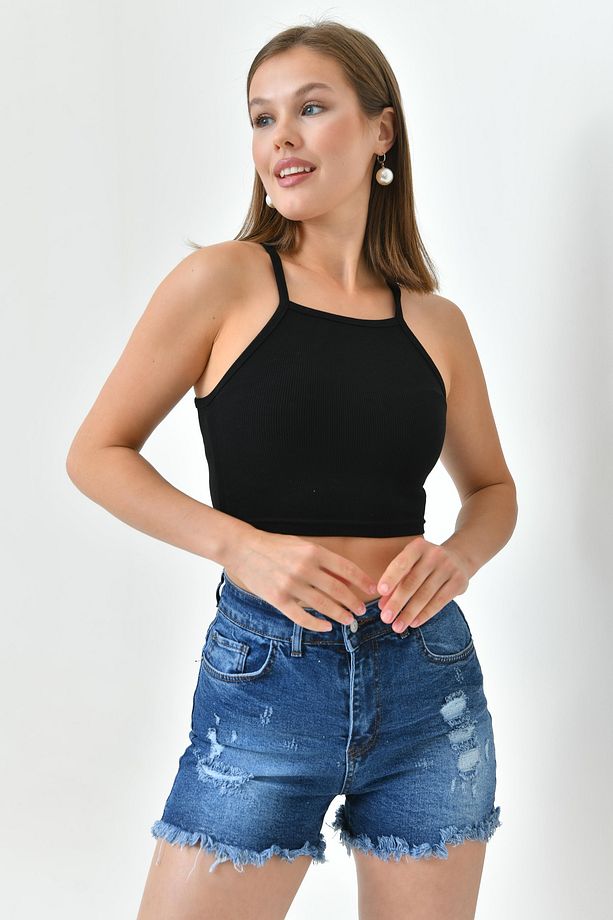 Kadın Yırtık Detaylı Yüksek Bel Likralı Mavi Kot Şort Esnek Mavi Denim Şort 70354 - 6