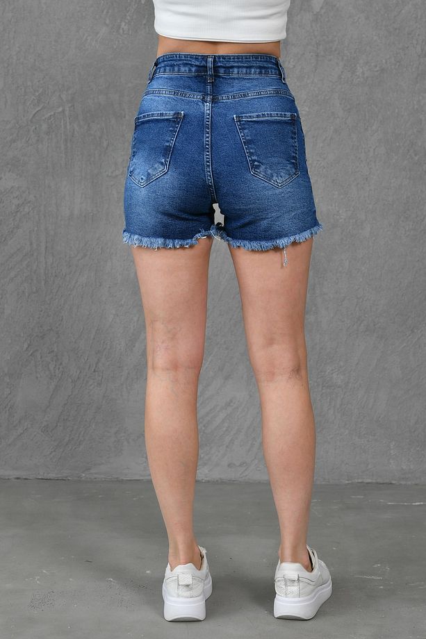 Kadın Yırtık Detaylı Yüksek Bel Likralı Mavi Kot Şort Esnek Mavi Denim Şort 70354 - 4