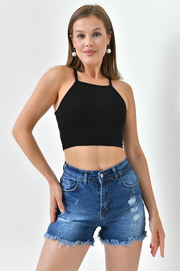 Kadın Yırtık Detaylı Yüksek Bel Likralı Mavi Kot Şort Esnek Mavi Denim Şort 70354 - 1