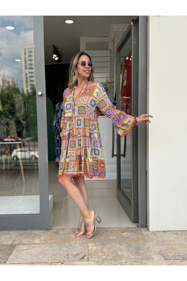 patchwork Kloş Elbise Turuncu Mini ELbise - 2