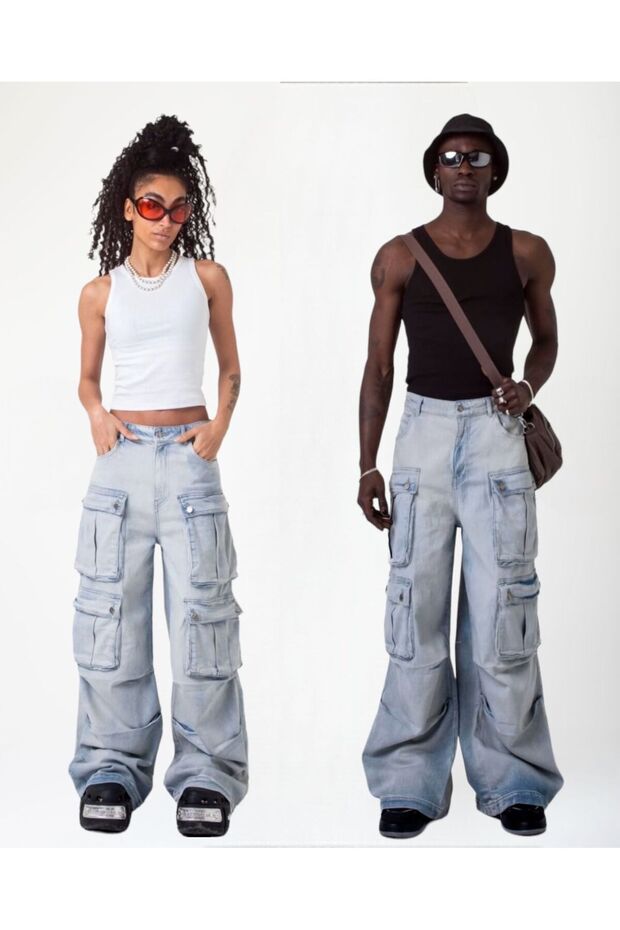 Multi-Pocket Blue Baggy Cargo Jeans