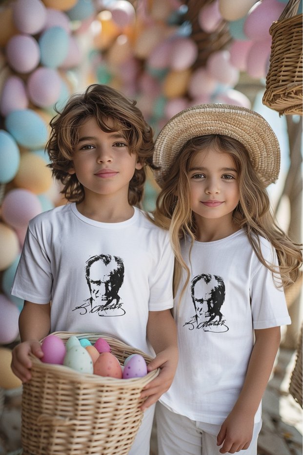 Atatürk Printed Double Set Crew Neck Cotton Children's T-Shirt