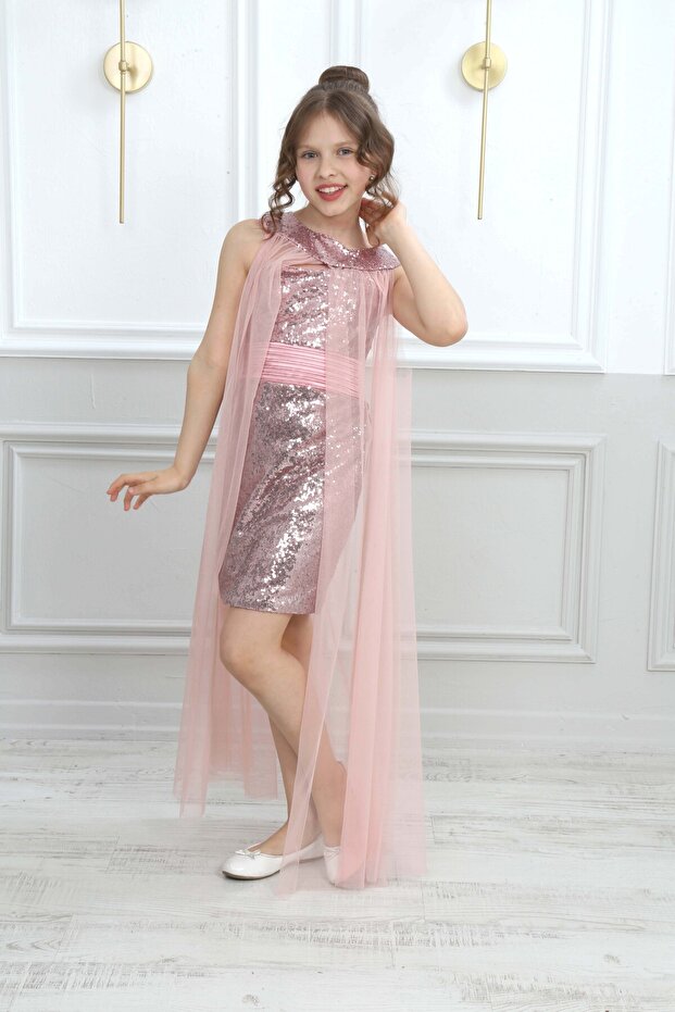 Children's Cape Sequined Powder Evening Dress Graduation Outfit