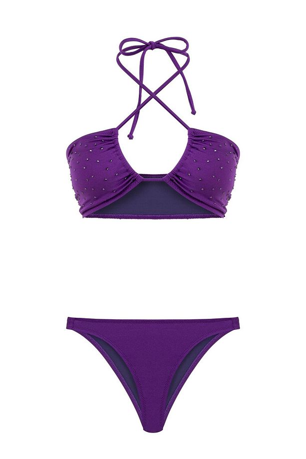 Parlak Taşlı Gipeli Mor Halter Bikini Takım - 1