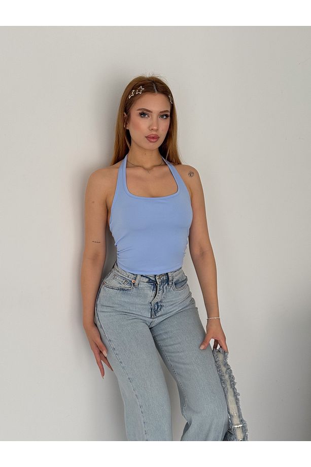 Kadın Bebe Mavisi Boyundan Geçmeli Sırtı Açık Dalgıç Kumaş Crop Bluz - 3