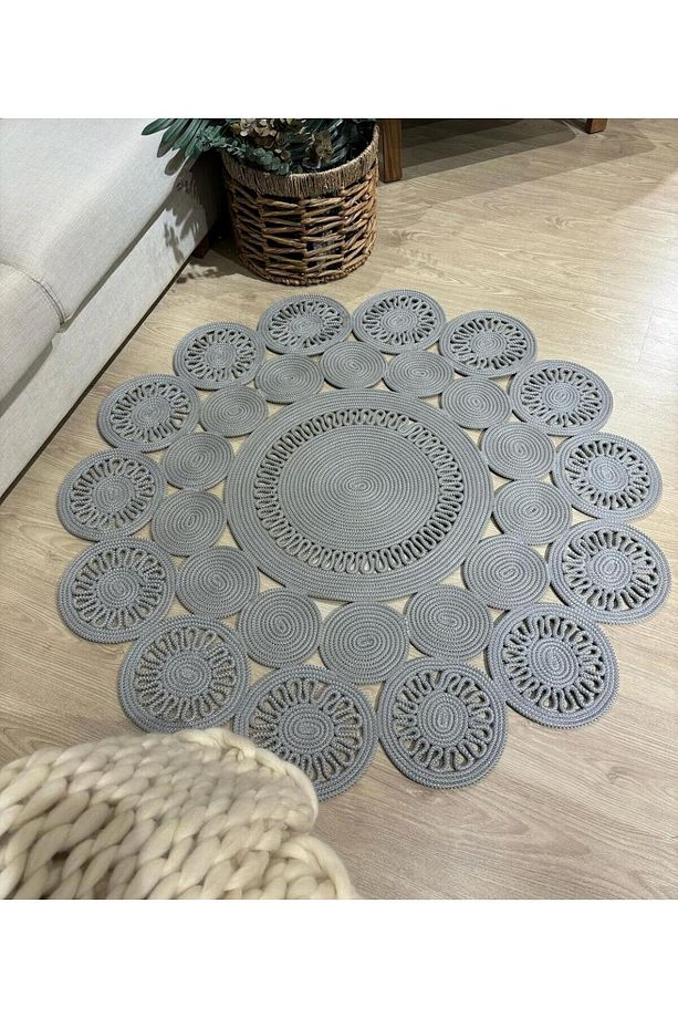 jüt hasır el örgüsü halı kilim yıkanabilir çift taraflı yuvarlak - 1