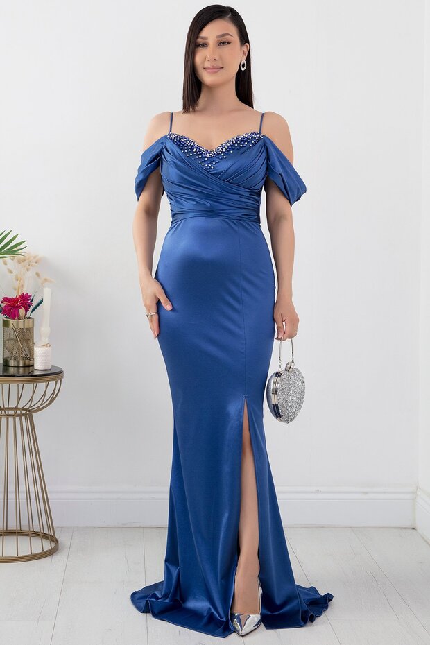 Göğüs Boncuklu Askılı Saten Elbise 39657 - 1