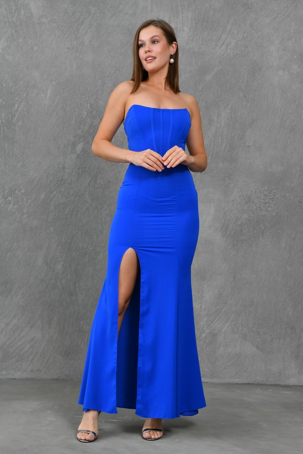 Cobalt Blue Strapless Collar Corset Detailed Slit Design Maxi Dress 167