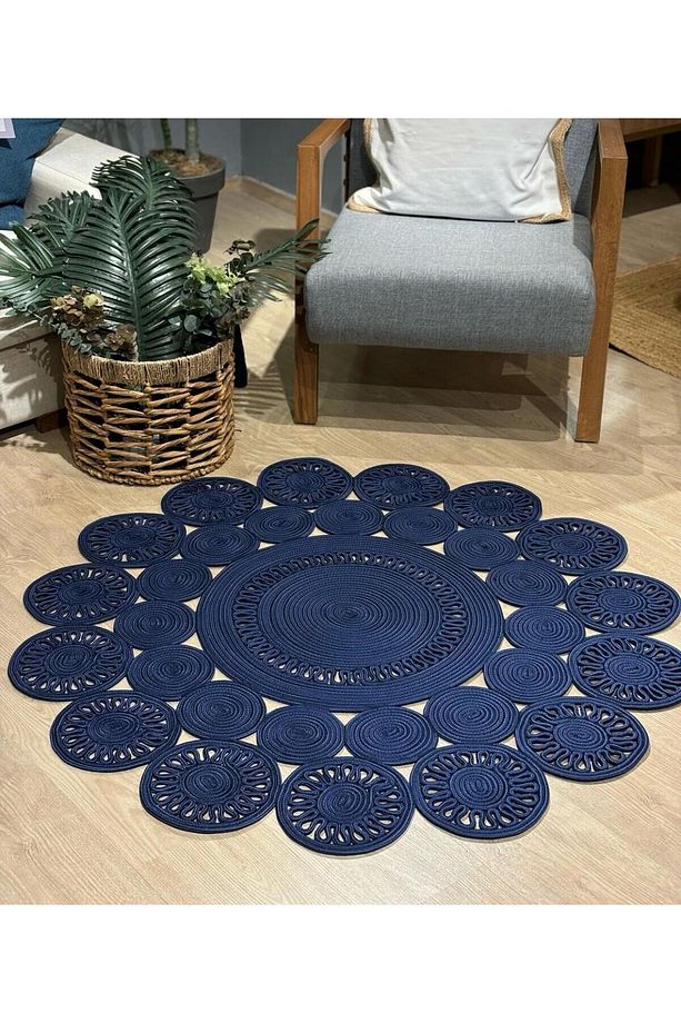 jüt hasır el örgüsü halı kilim yıkanabilir çift taraflı yuvarlak - 2