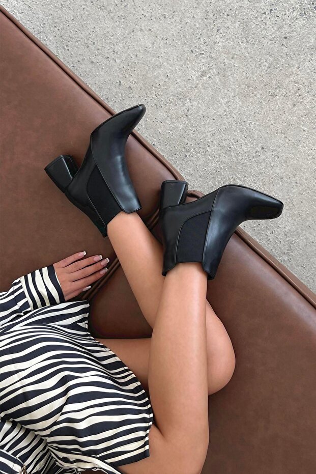 Kitee Women's Daily Rubber Detailed Heeled Leather Boots Black