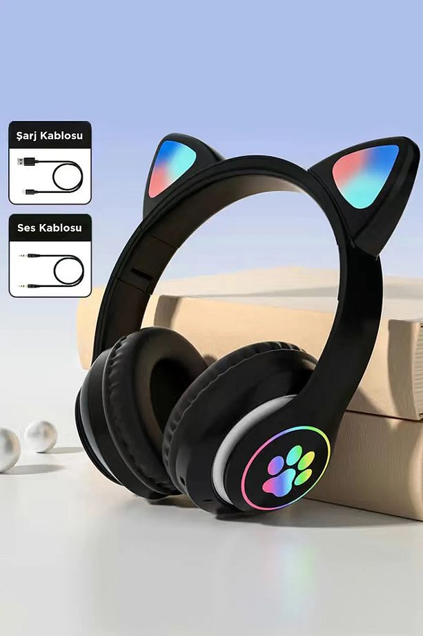 Siyah Kedi Kulak Üstü Kablosuz Bluetooth Kulaklık Stn-28 - 2