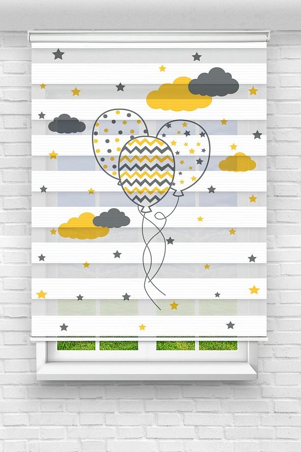 Sarı Bulutlu Balonlar Dijital Baskılı Zebra Perde-çocuk Odası Perdesi-zebra Stor Perde - 1