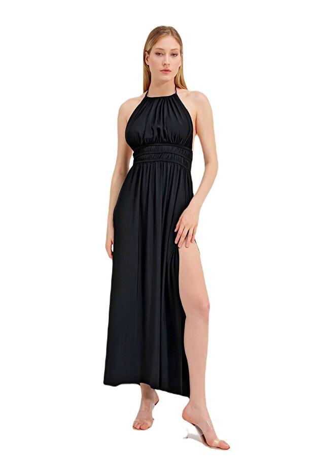 Zeki Sırt Dekolteli Siyah Elbise - 1