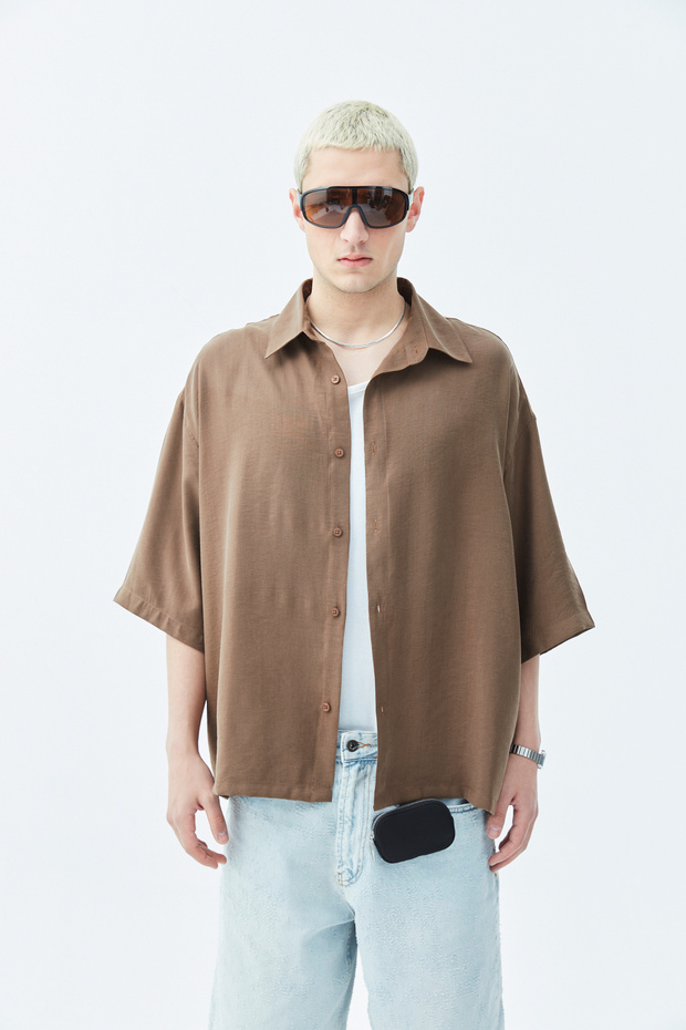 BASIC OVERSIZE CROP SHIRT-BROWN