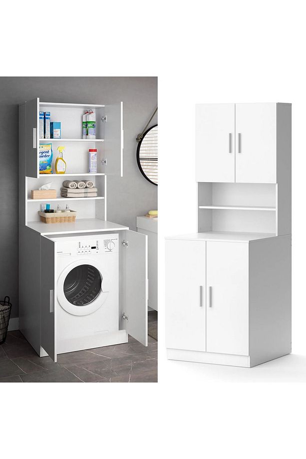 Banyo Dolabı, Kapaklı Çamaşır Ve Kurutma Makinesi Dolabı, %100 Beyaz Mdf Banyo Dolabı Büyük Boy - 2
