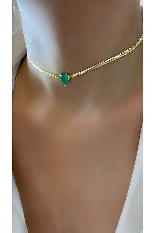 Altın Kaplama Zümrüt Renk Damla Form Yılan Choker Kolye 925 Ayar Gümüş - 5