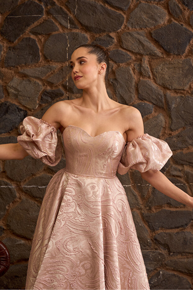 Pudra Desenli Brokar Kumaş Midi Boy Abiye Ve Nişan Elbisesi - 4