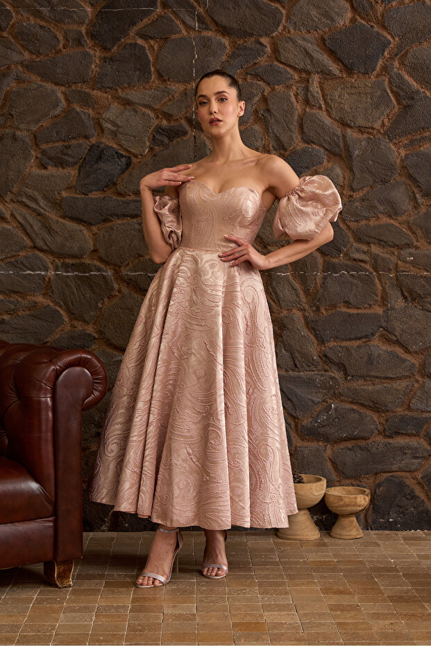 Pudra Desenli Brokar Kumaş Midi Boy Abiye Ve Nişan Elbisesi - 1