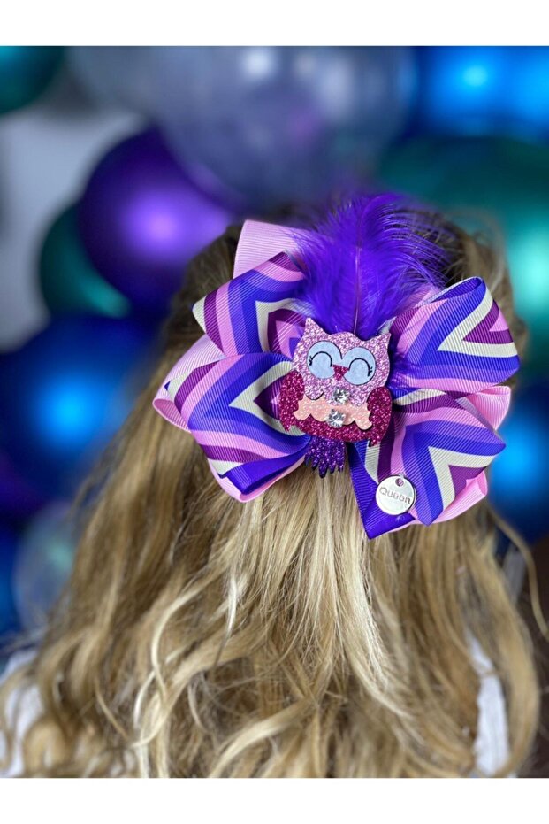 Custom Design Luxury Shiny Glitter Feathered Owl Colorful Purple Pink Bow Automatic Clip Buckle