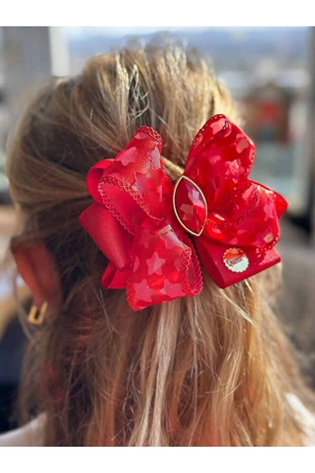 Custom design luxury plied tulle star patterned stoned automatic collet women's children's buckle red