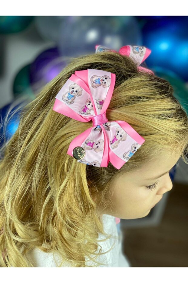 Special Design 2-Piece Cute Puppy Dog Neon Pink Bow Buckle Set with Dart