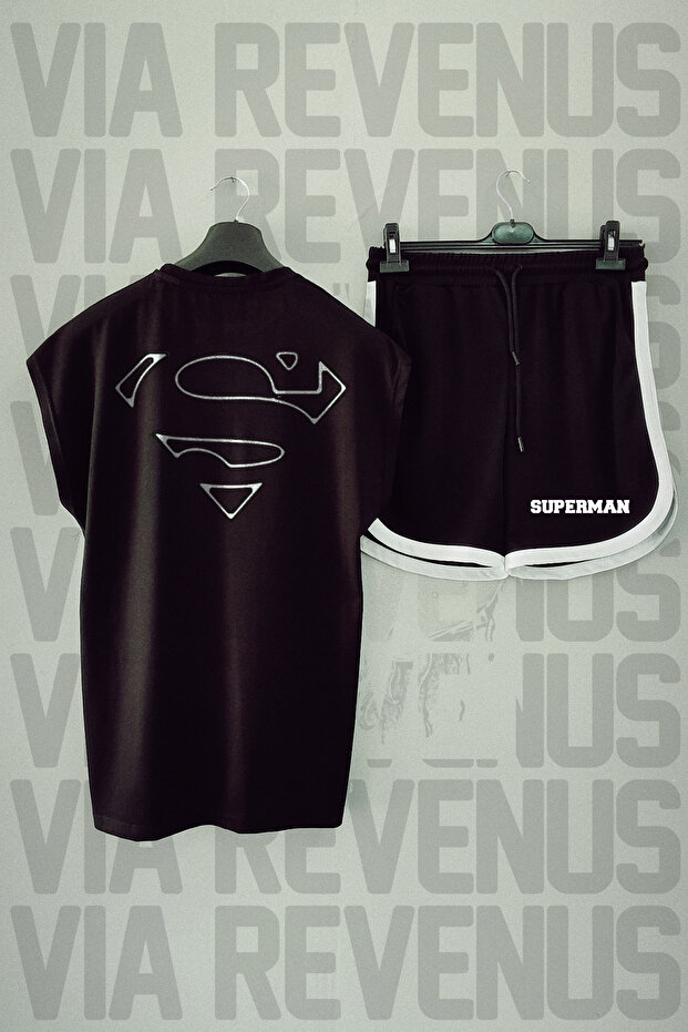 Black Sleeveless T-Shirt and Black Shorts Sport Set with Back Printed