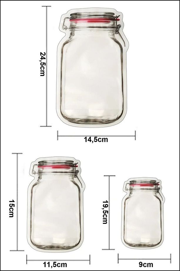 3 Boy Kavanoz Görünümlü Kilitli Saklama Kabı (POŞET) / 150ml - 500ml - 620ml - 5