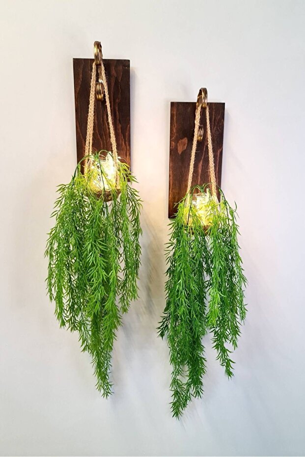 Duvar Dekoru, Led Işıklı, Sarmaşık Çiçekli, Ceviz Aplik Ikili Set - 1