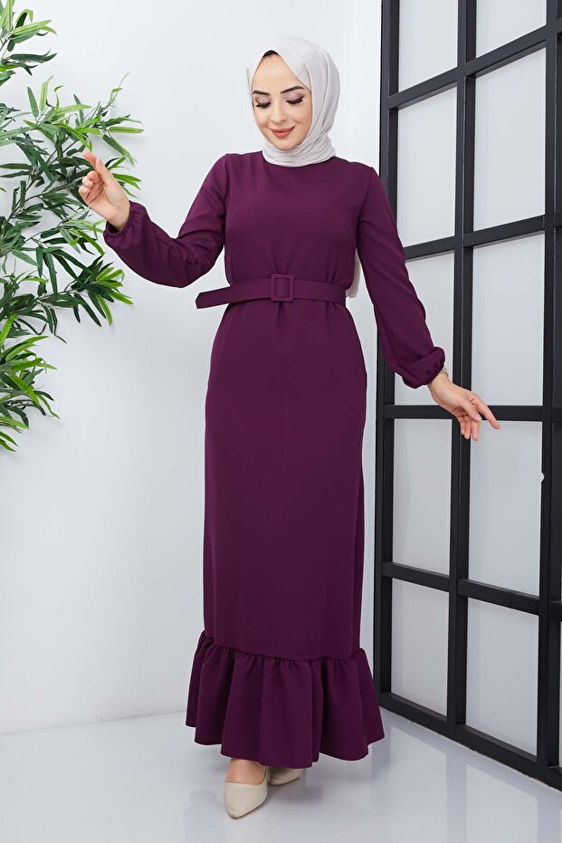 Gülce Krep Elbise - Mor - 1