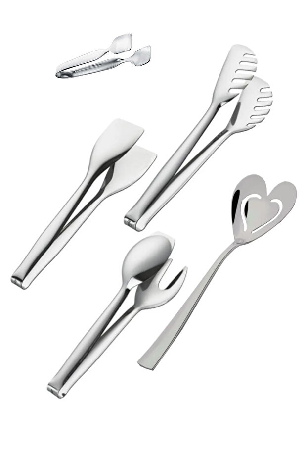 Stainless 5 Piece Steel Cake Pasta Serving Spoon Sugar Tongs Set Set Shiny