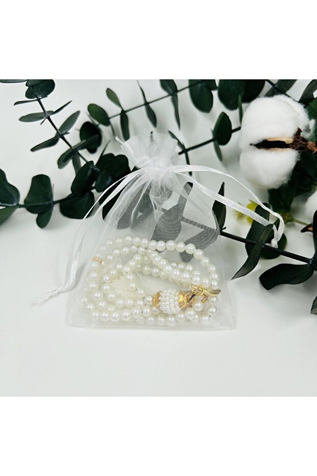 10 Cream Gift Tulle Pouch Pearl Rosary (Mevli̇d-Hac-Umre-Sünnet)