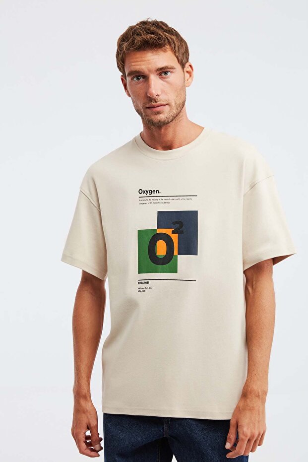 Prısmatıc Men's 100% Organic Cotton Special Thick Textured Breathable Oversize Printed Beige T-Shirt