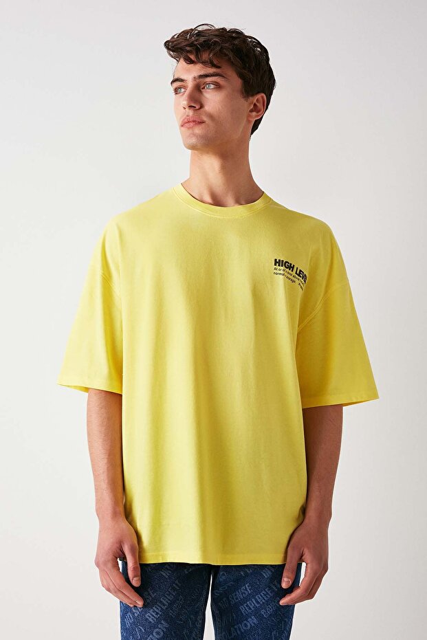 Hıgh Men's Oversize Fit 100% Cotton Thick Textured Printed Yellow T-shirt