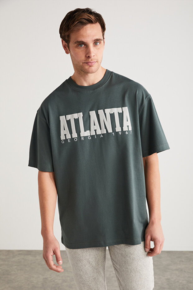 ATLANTA Men's 100% Cotton Short Sleeve Printed Detail Green T-Shirt