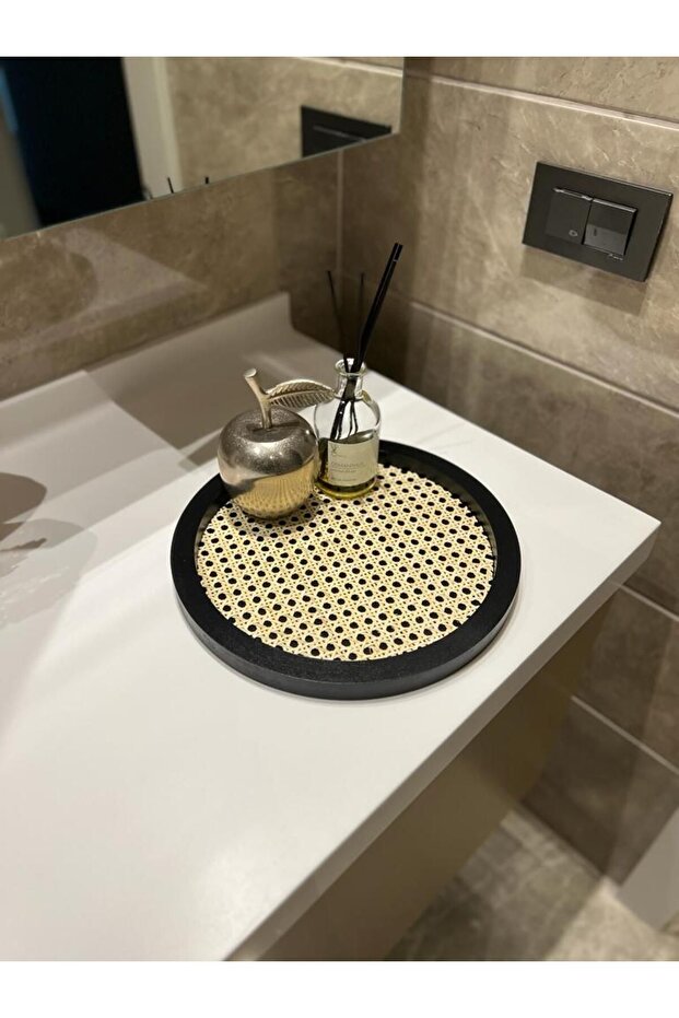 Rattan hazeran round tray black (100% natural hazeran) m021