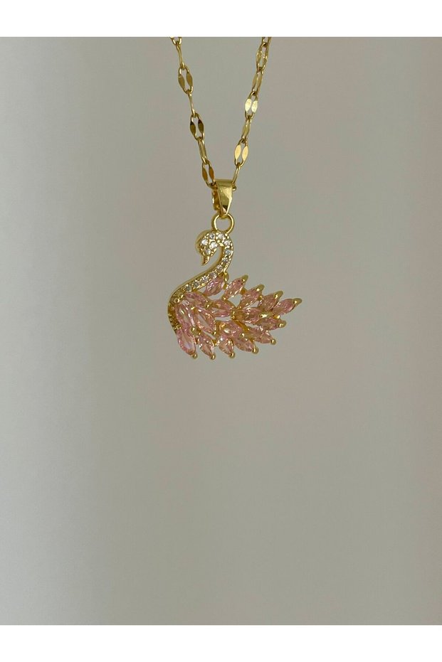 Steel Pink Zircon Stone Swan Necklace