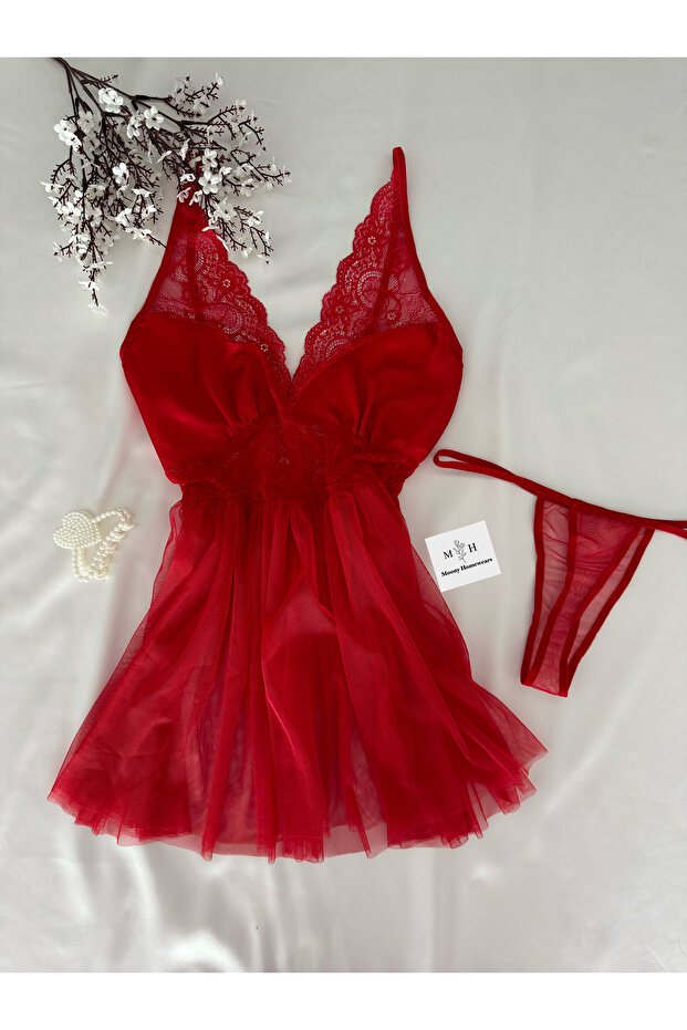 Aceline Red Satin Chest Covered Mini Tulle Nightgown Lingerie
