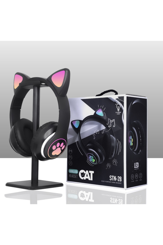 STN28 KABLOSUZ KEDİ KULAKLIK ŞARJLI LED IŞIKLI BLUETOOTH KULAKLIK AUX SD KART - 7