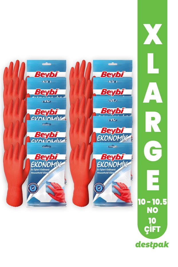 10 Pairs of Beybi Cleaning and Dishwashing Gloves - Sweat-Free Cotton Lined Interior (10-10.5 Medium)