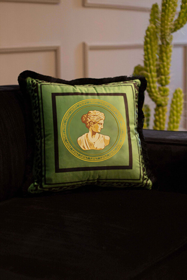 Green Velvet - Gold Bust Detailed Throw Pillow