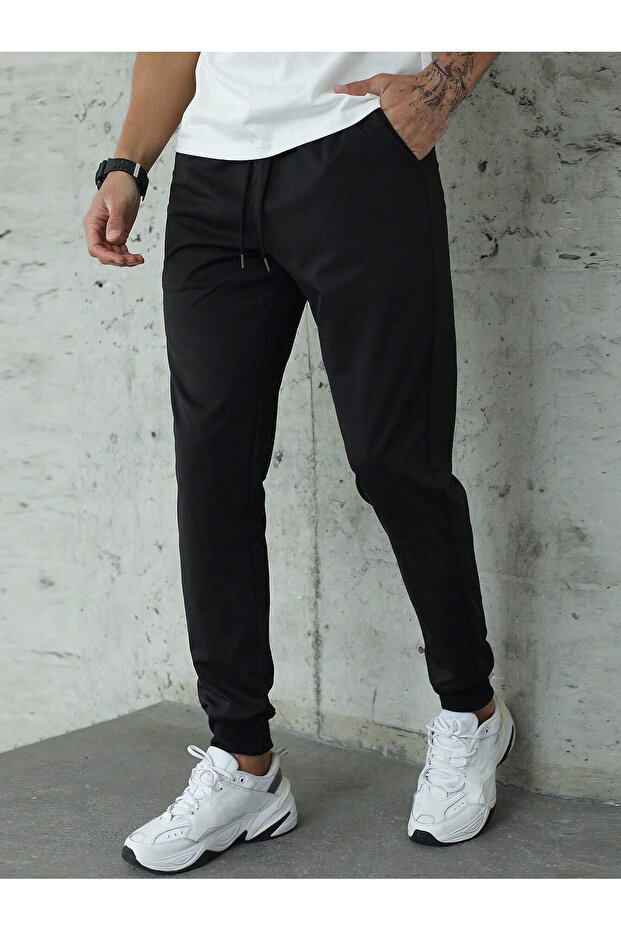 Ribbed Men's Slim Fit Black Sports Sweatpants