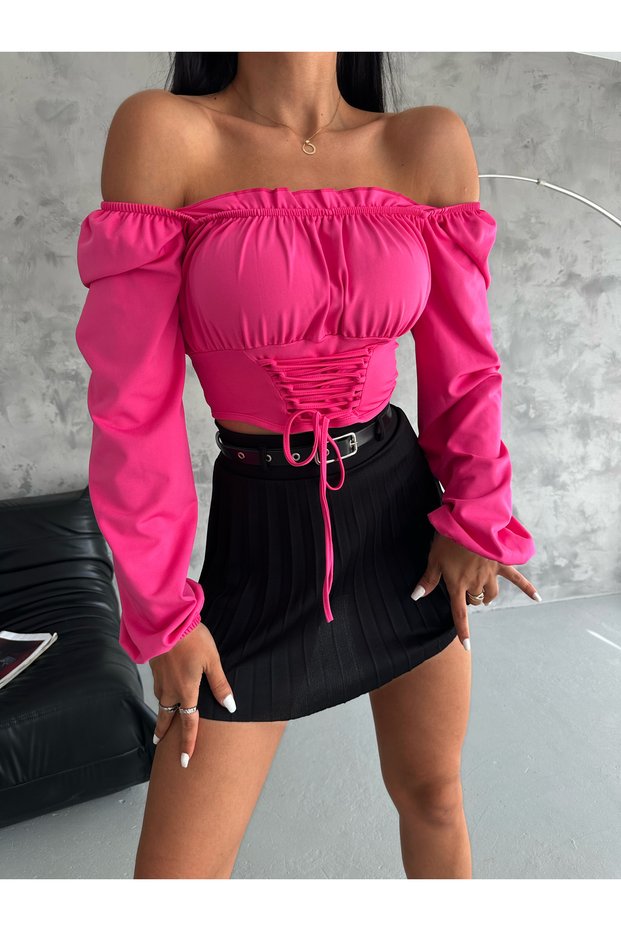Women's Fuchsia Balloon Sleeve Tie up Corset Look Madonna Collar Diver Fabric Crop Blouse