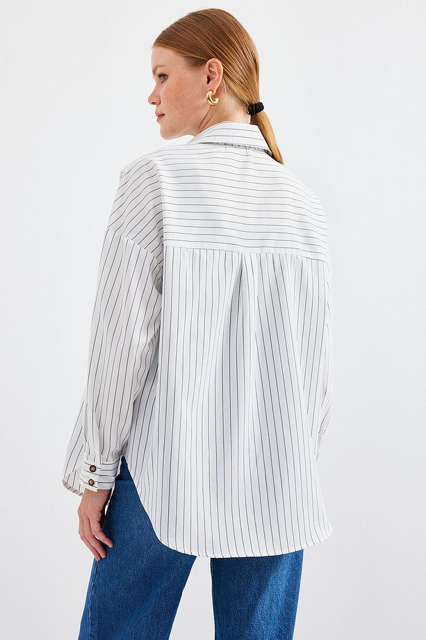 20208 Çizgili Oversize Uzun Basic Gömlek - Beyaz - 7