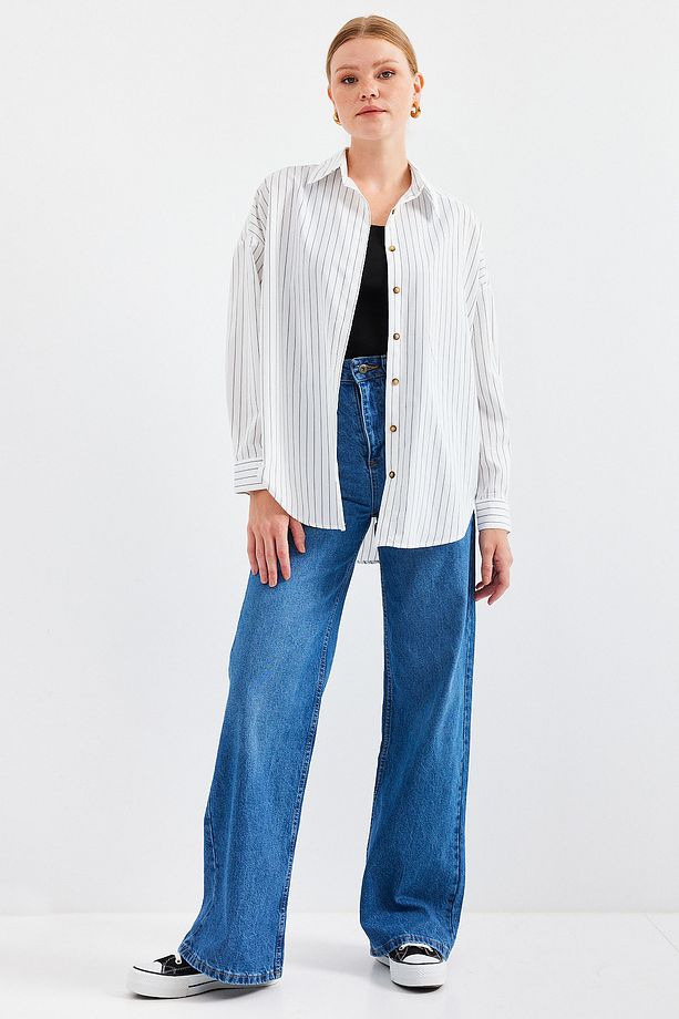 20208 Çizgili Oversize Uzun Basic Gömlek - Beyaz - 3